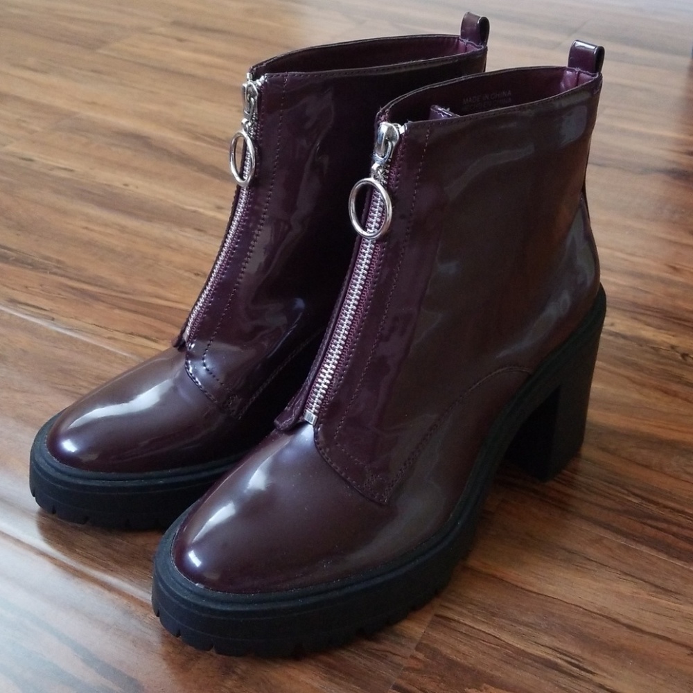 Patent Leather-Style Maroon Zip Up Booties